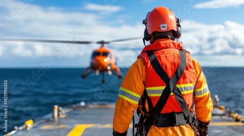 Offshore Oil Rig Worker in Life Saving Flotation Device Near Helicopter
