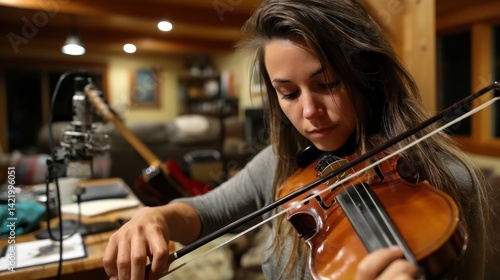 Young woman playing violin in a cozy indoor setting with warm lighting and wooden accents