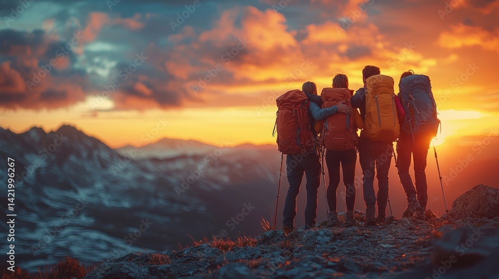 Group of hikers watching a sunset in the mountains.