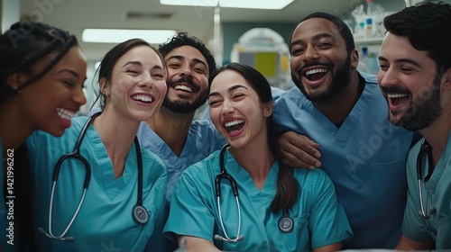 Obraz na płótnie A joyful group of healthcare professionals laughing together. w salonie