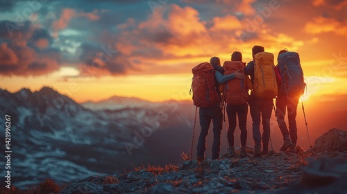 Obraz na płótnie Group of hikers watching a sunset in the mountains. w salonie
