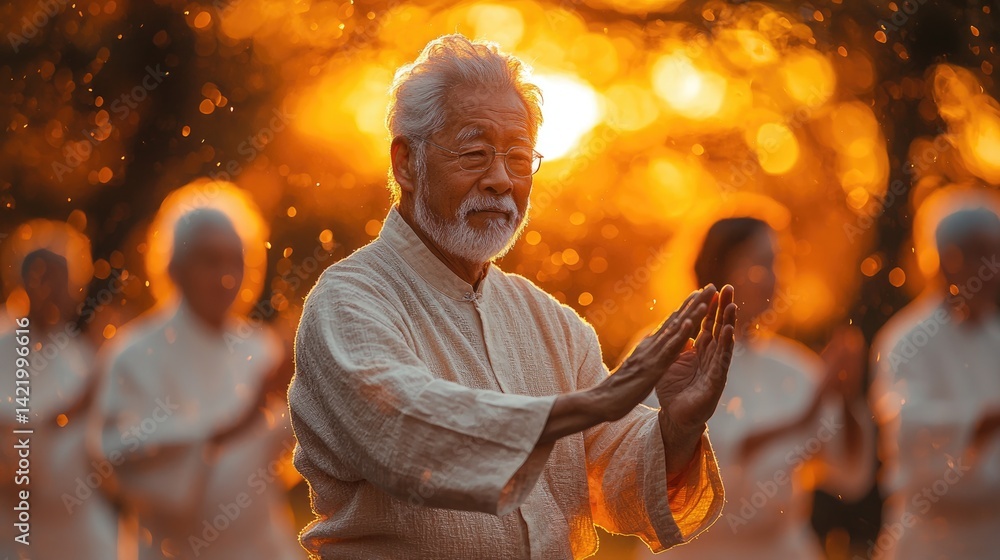 Serene elderly man practicing tai chi amidst glowing surroundings.