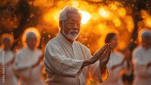 Obraz na płótnie Serene elderly man practicing tai chi amidst glowing surroundings. w salonie