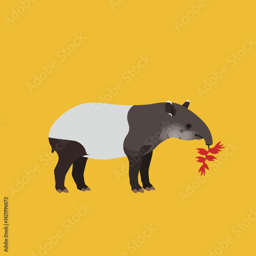Malayan tapir eating red leaves on yellow background vector illustration with natural animal subject 