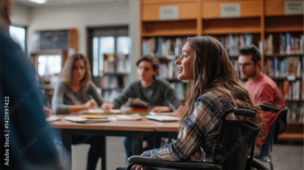 Girl with wheelchair and group of students engaged in discussion in a library setting.