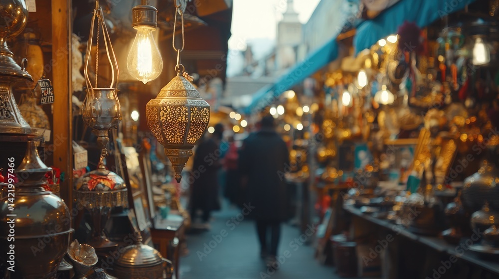 Bustling market filled with intricate lamps and decorative items.