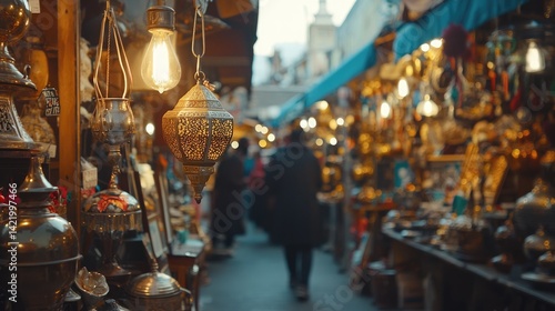 Obraz na płótnie Bustling market filled with intricate lamps and decorative items. w salonie