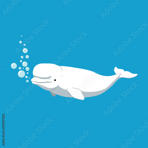 Beluga whale underwater blowing bubbles in blue ocean vector illustration with white sea mammal swimming 