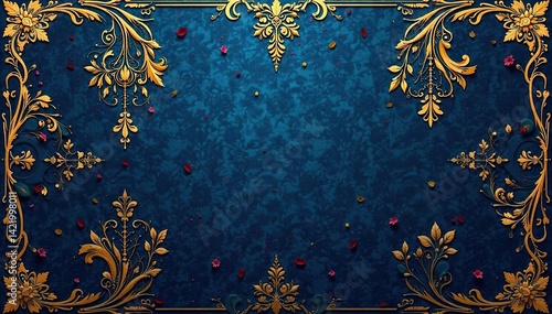 Intricate floral damask, elegant gold on deep blue, texture, print, classic