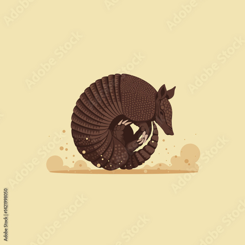 Armadillo curled up in defensive position with brown tones on beige background vector illustration 