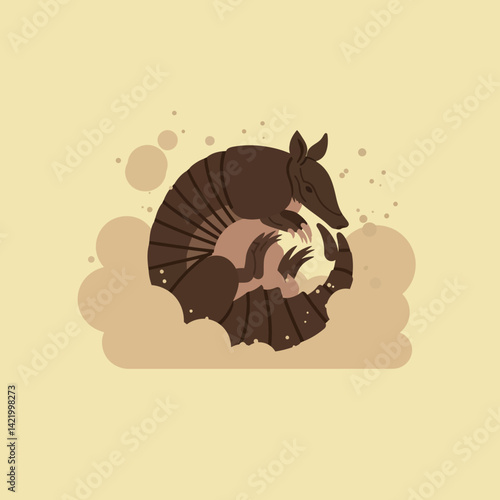 Armadillo curled up in defensive pose with brown tones and beige background vector illustration 