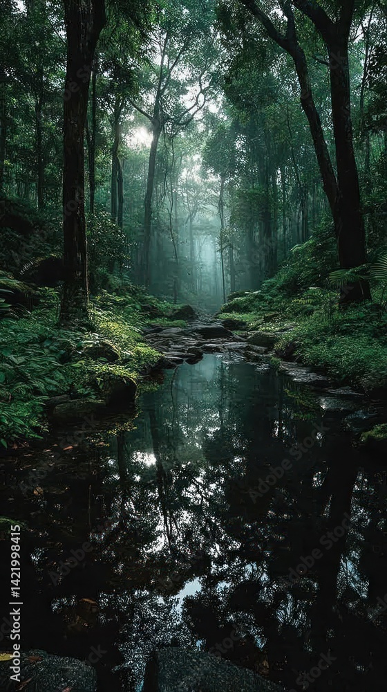 Fototapeta premium Misty forest creek reflections