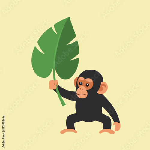 Monkey holding large green tropical leaf vector illustration in flat design style with beige background 