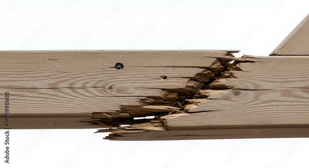 Broken Wooden Beam Joint Sagging Under Weight Isolated on White Background