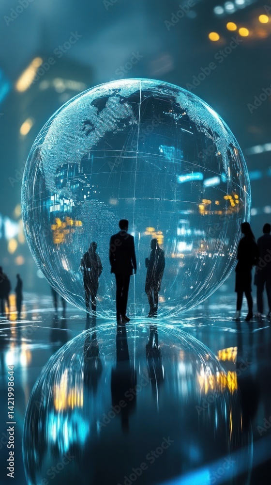 Global Connectivity: Silhouetted figures stand within a transparent Earth globe, symbolizing interconnectedness and the digital age.