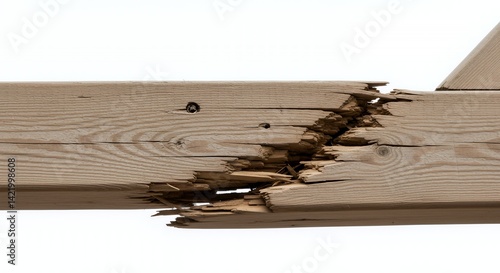Broken Wooden Beam Joint Sagging Under Weight Isolated on White Background