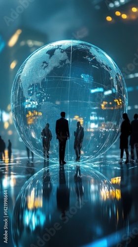Obraz na płótnie Global Connectivity: Silhouetted figures stand within a transparent Earth globe, symbolizing interconnectedness and the digital age. w salonie