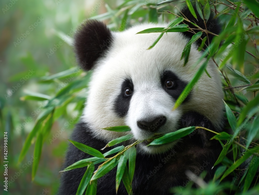 Fototapeta premium Adorable panda bear eating bamboo leaves in a lush green forest, representing wildlife conservation and natural beauty. Perfect for educational materials, nature documentaries, and animal welfare camp