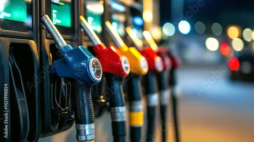 A row of fuel pumps at a bustling gas station, each nozzle marked with bright colors for different fuel types. Digital screens display prices and liters pumped. Close-up.