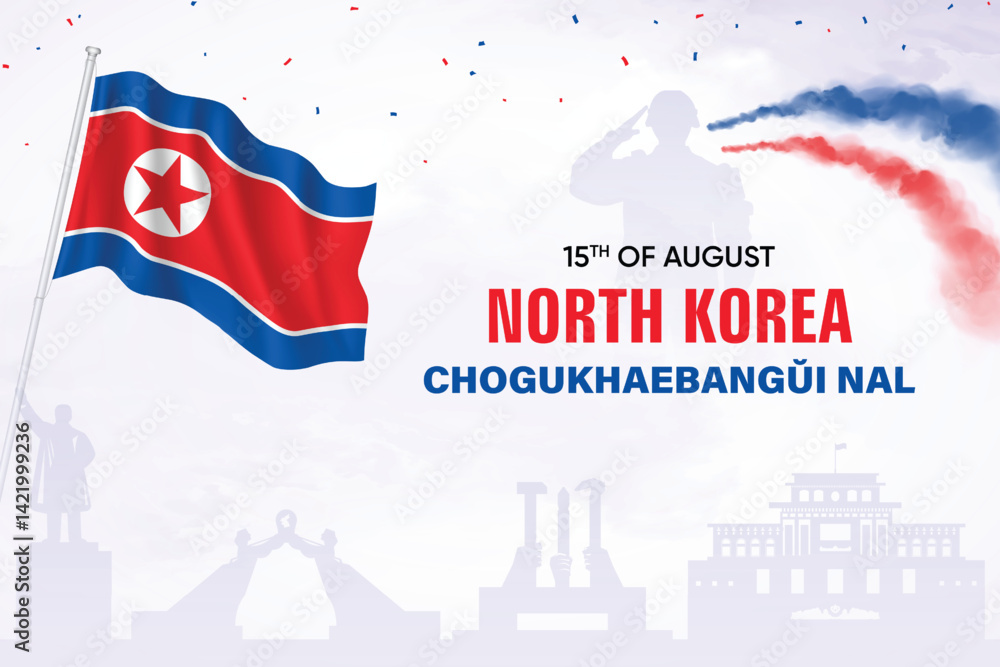 Naklejka premium North Korea Flag Waving On Skyline Background. National Liberation Day Concept Design Vector Illustration.