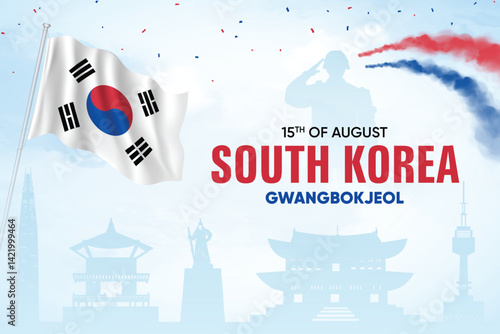 South Korea Flag Waving On Skyline Background. National Liberation Day Concept Design Vector Illustration.