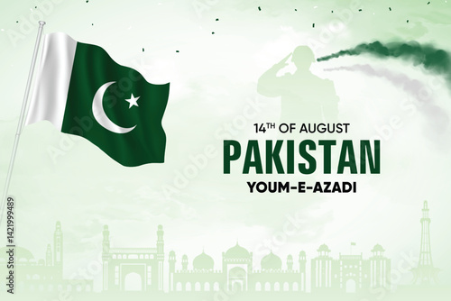 Pakistan Flag Waving On Skyline Background. Independence Day Concept Design Vector Illustration.