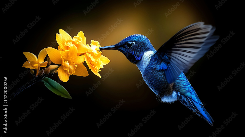 Fototapeta premium Bird Frozen in Time - A blue hummingbird with a bright yellow flower