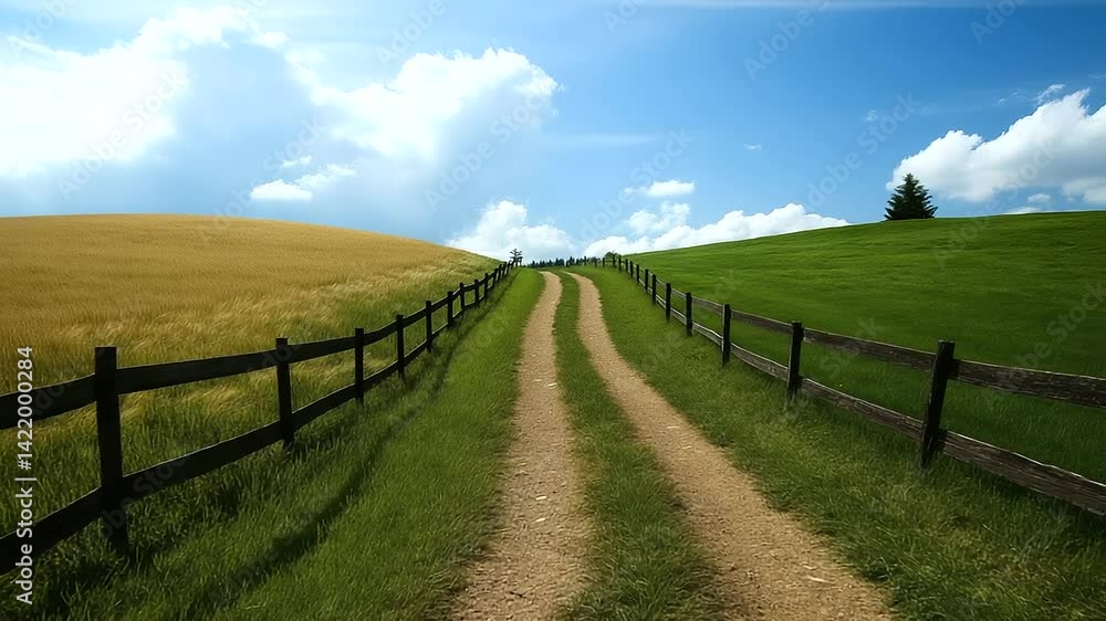 A striking landscape of two fields divided by a wooden fence A striking landscape of two fields divided by a wooden fence