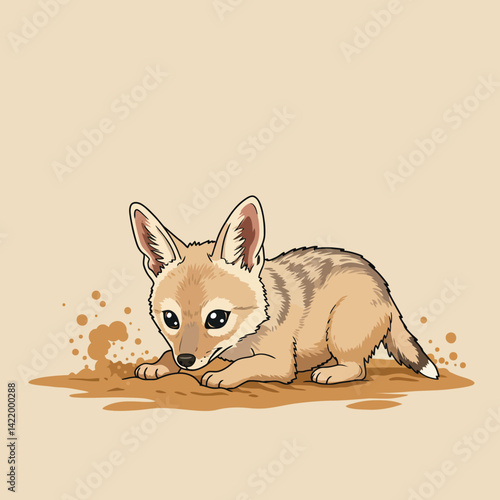 Baby fox lying down on brown earth with beige background vector illustration 