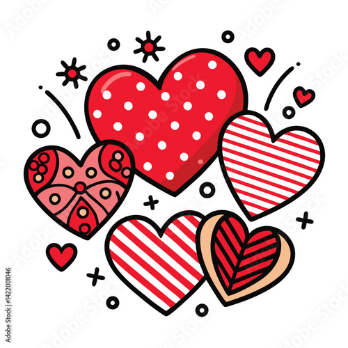 Red and Black Heart Patterns Clipart,
Cute Love Heart Design with Dots and Stripes,
Hand-Drawn Red Hearts with Decorative Patterns.