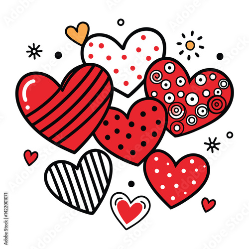 Red and Black Heart Patterns Clipart,
Cute Love Heart Design with Dots and Stripes,
Hand-Drawn Red Hearts with Decorative Patterns.