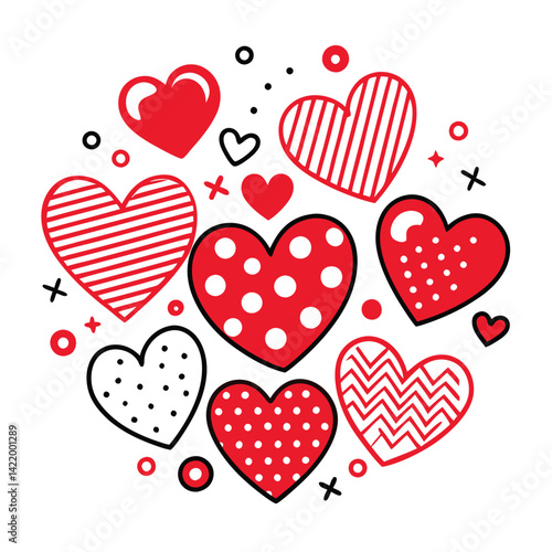 Red and Black Heart Patterns Clipart,
Cute Love Heart Design with Dots and Stripes,
Hand-Drawn Red Hearts with Decorative Patterns.