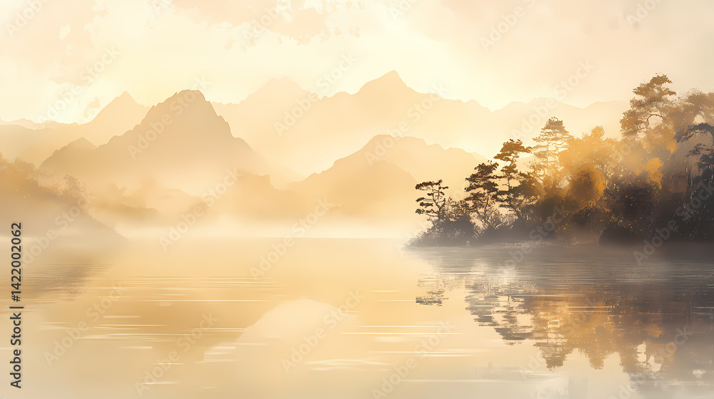 Golden liquid wave in the misty morning light, peaceful morning, still waters, foggy lake. Hazy Waters. Illustration