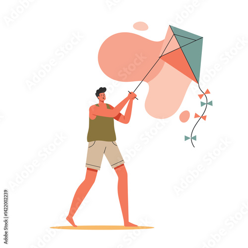 Man flying kite outdoors in casual summer clothes with colorful kite and abstract background vector illustration 