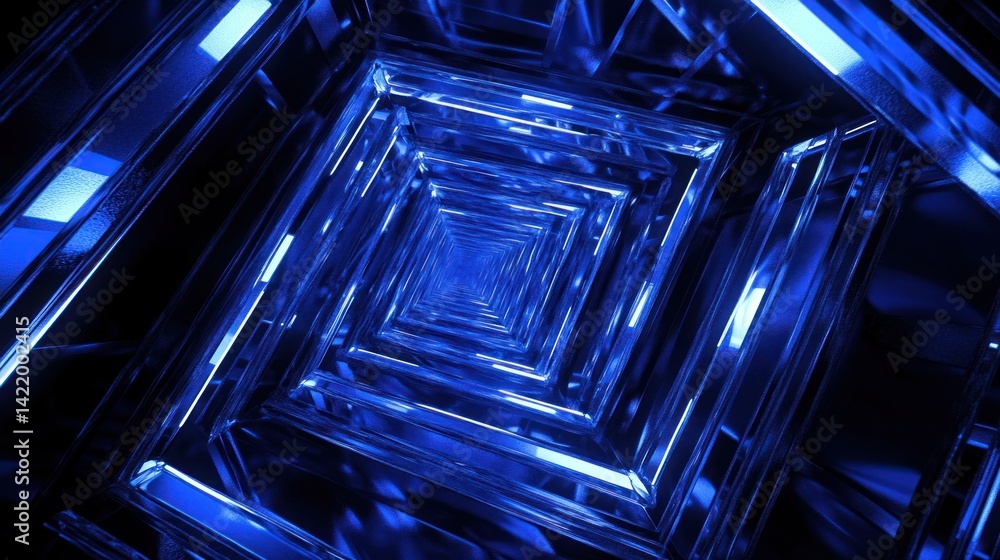 Abstract Blue Neon Tunnel: A Digital Artwork Exploring Depth and Perspective
