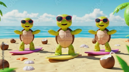 Three cute cartoon turtles surfing on a sunny beach