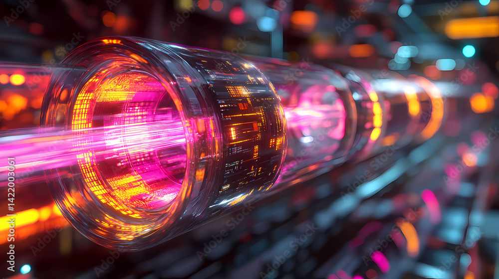 Close-up of glowing fiber optic cables transmitting data in vibrant colors. Quantum-Touched Fibers. Illustration