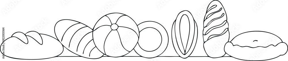 Black outline of a loaf, bun, bagel, bread, and sweet pie set on white Black outline of a loaf, bun, bagel, bread, and sweet pie set on white