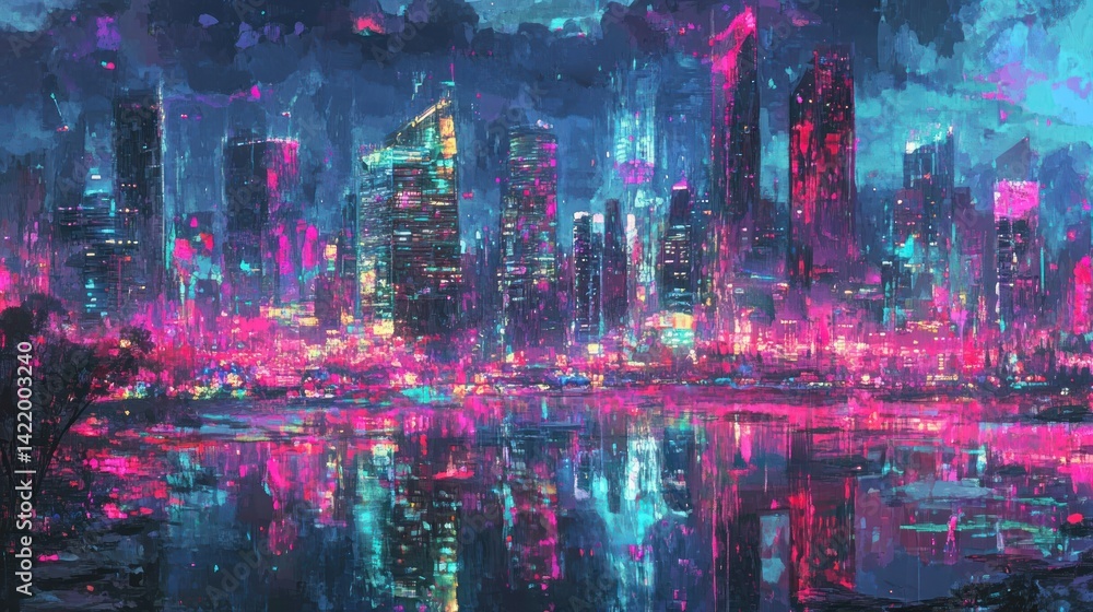 Neon Cityscape Reflection: A Futuristic Metropolis at Night