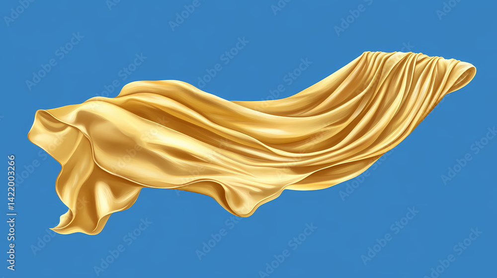 Golden silk drape on blue background, fabric, drape, texture. Chimeric Silk. Illustration