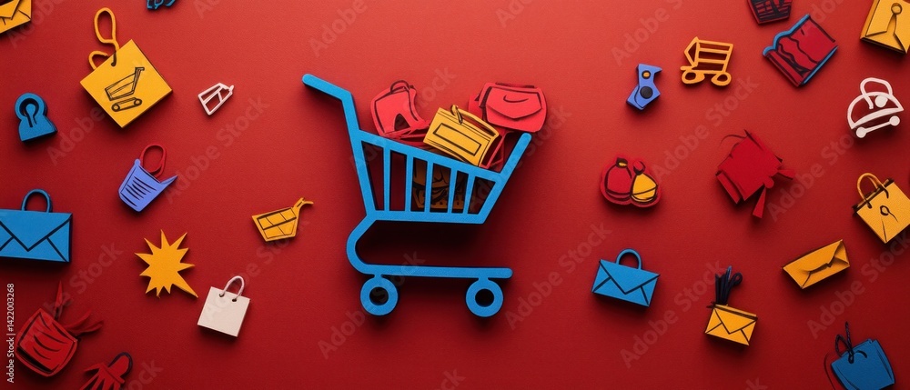 Online Shopping Cart Full of Colorful Items on Red Background