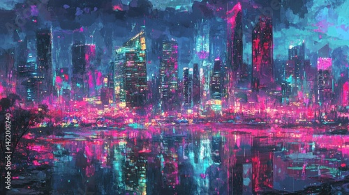 Obraz na płótnie Neon Cityscape Reflection: A Futuristic Metropolis at Night w salonie
