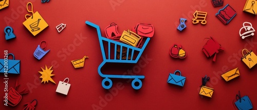 Obraz na płótnie Online Shopping Cart Full of Colorful Items on Red Background w salonie