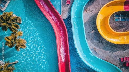 Aerial View of a Vibrant Water Park with Colorful Slides and Lush Palm Trees
