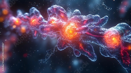 Cellular structures in dynamic motion, illuminated by fluorescence.