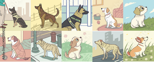 Dogs sitting and playing in various environments with owners  