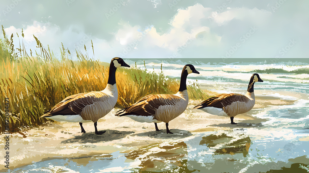 Panoramic beach goose photo: countryside bird coastal scenery wallpaper. Warp-Spun Strands. Illustration