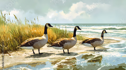 Obraz na płótnie Panoramic beach goose photo: countryside bird coastal scenery wallpaper. Warp-Spun Strands. Illustration w salonie
