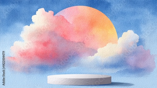 Beautiful Watercolor Sunset Scene with Clouds and 3D Platform for Creative Displays