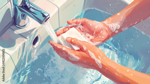Close-up of hands washing with soap under clean water stream in bathroom sink, emphasizing hygiene and self-care practices for health maintenance. Mindwash Current. Illustration